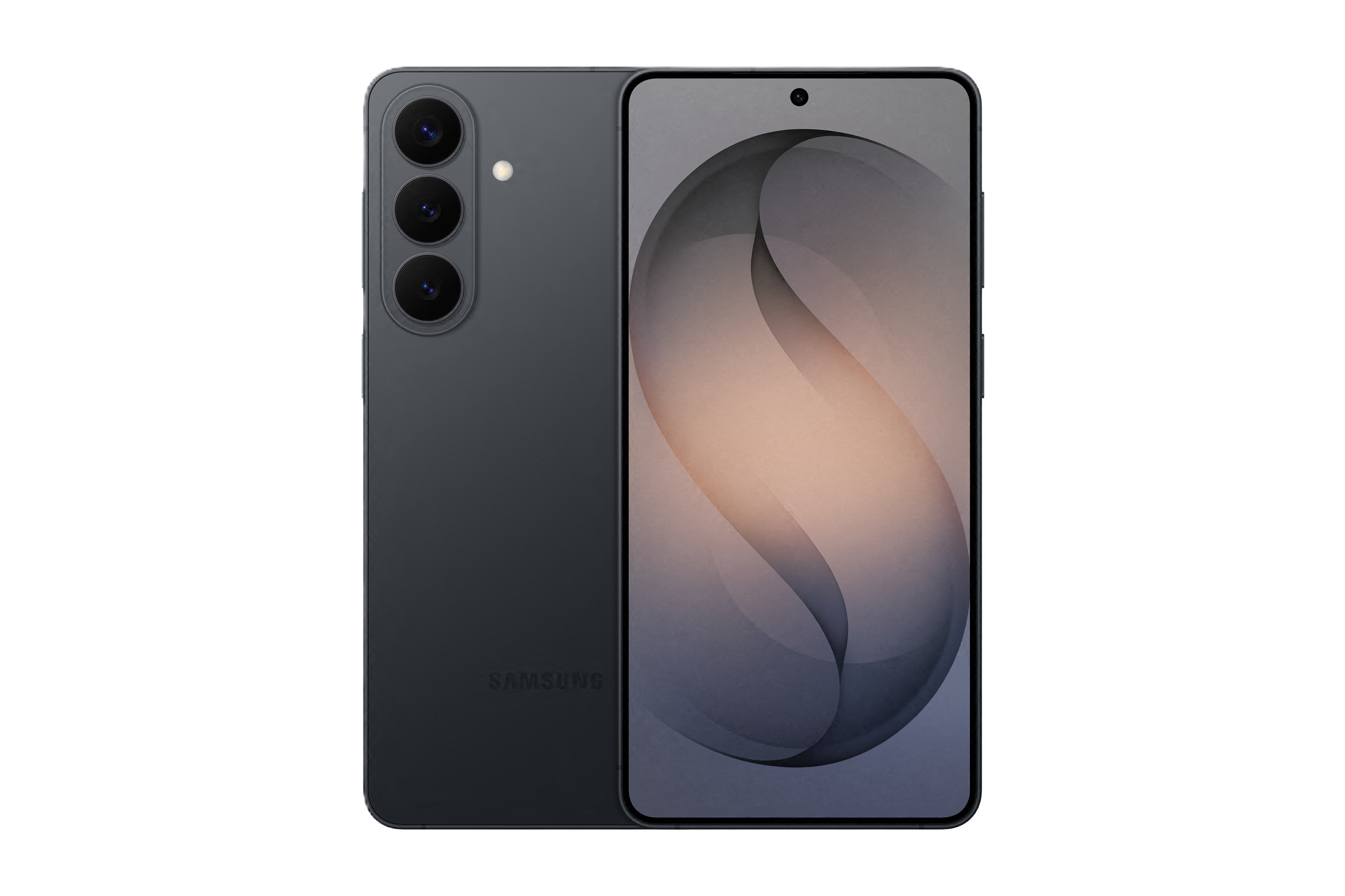 Ein dunkles Smartphone mit drei Kameras auf der Rückseite und einem hellen Bildschirm.