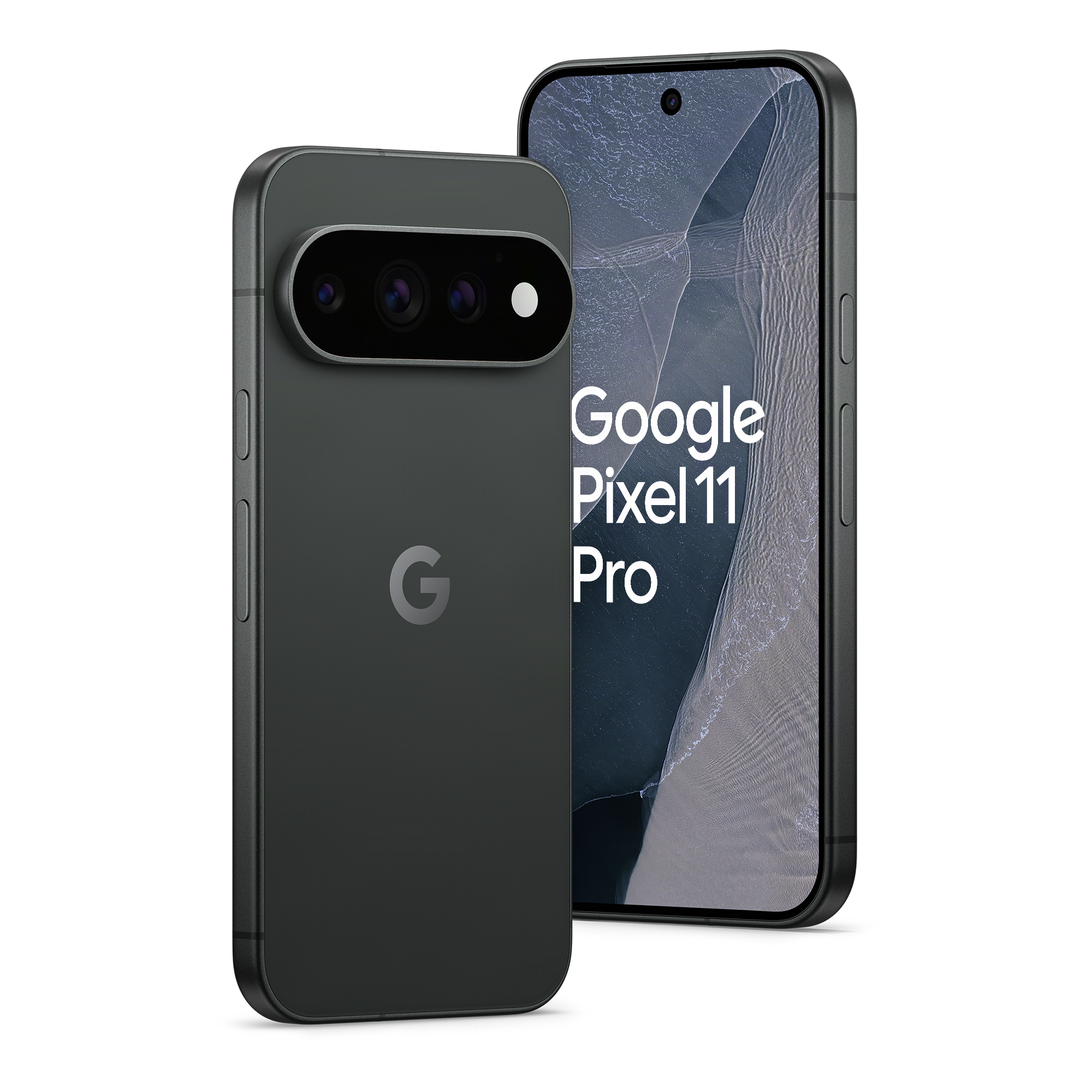 Zwei graue Google Pixel 11 Pro Smartphones auf schwarzem Hintergrund, eines zeigt die Rückseite, das andere die Vorderseite.