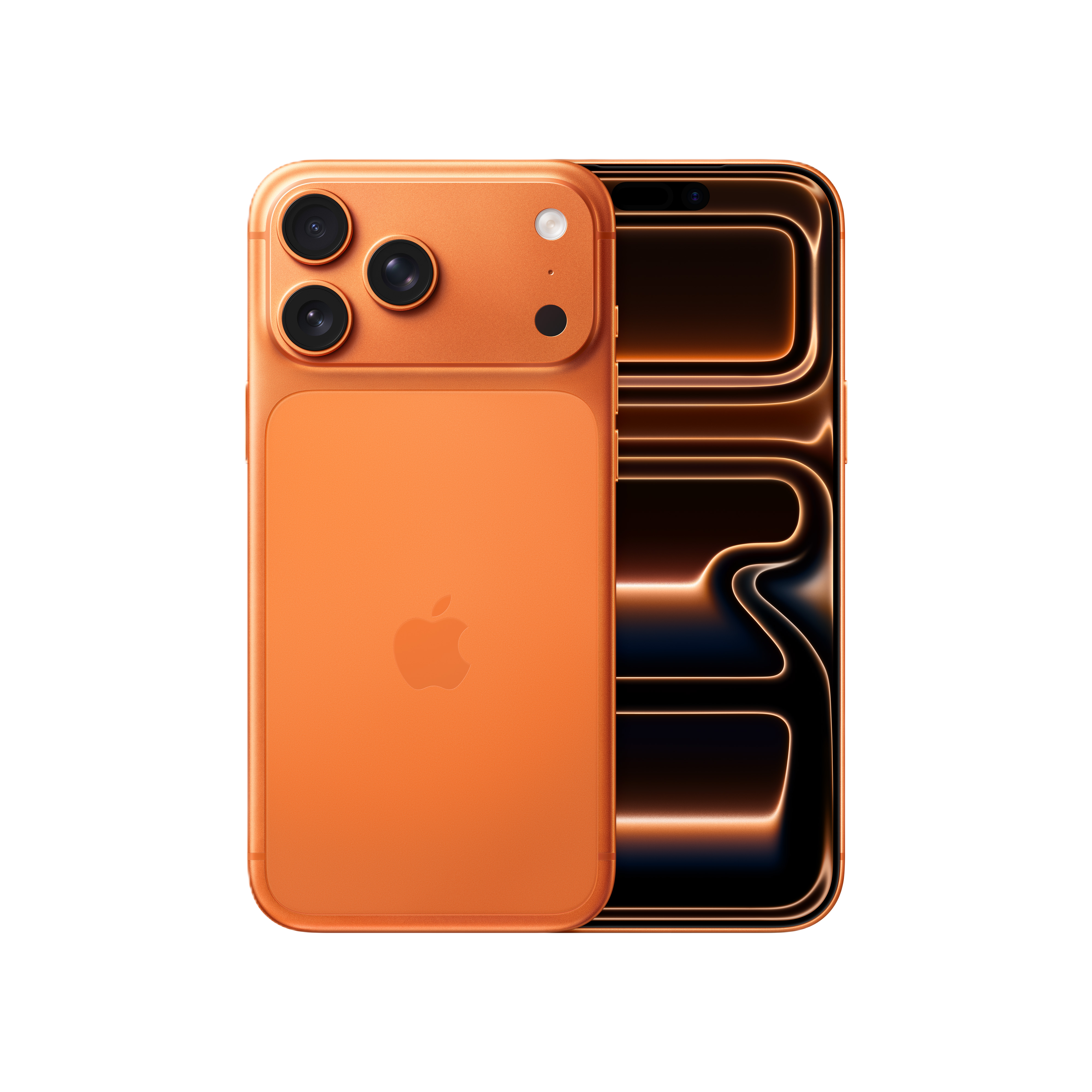 Ein orangefarbenes Smartphone, das die Rückseite mit Apple-Logo und Dreifachkamera sowie den Bildschirm zeigt.