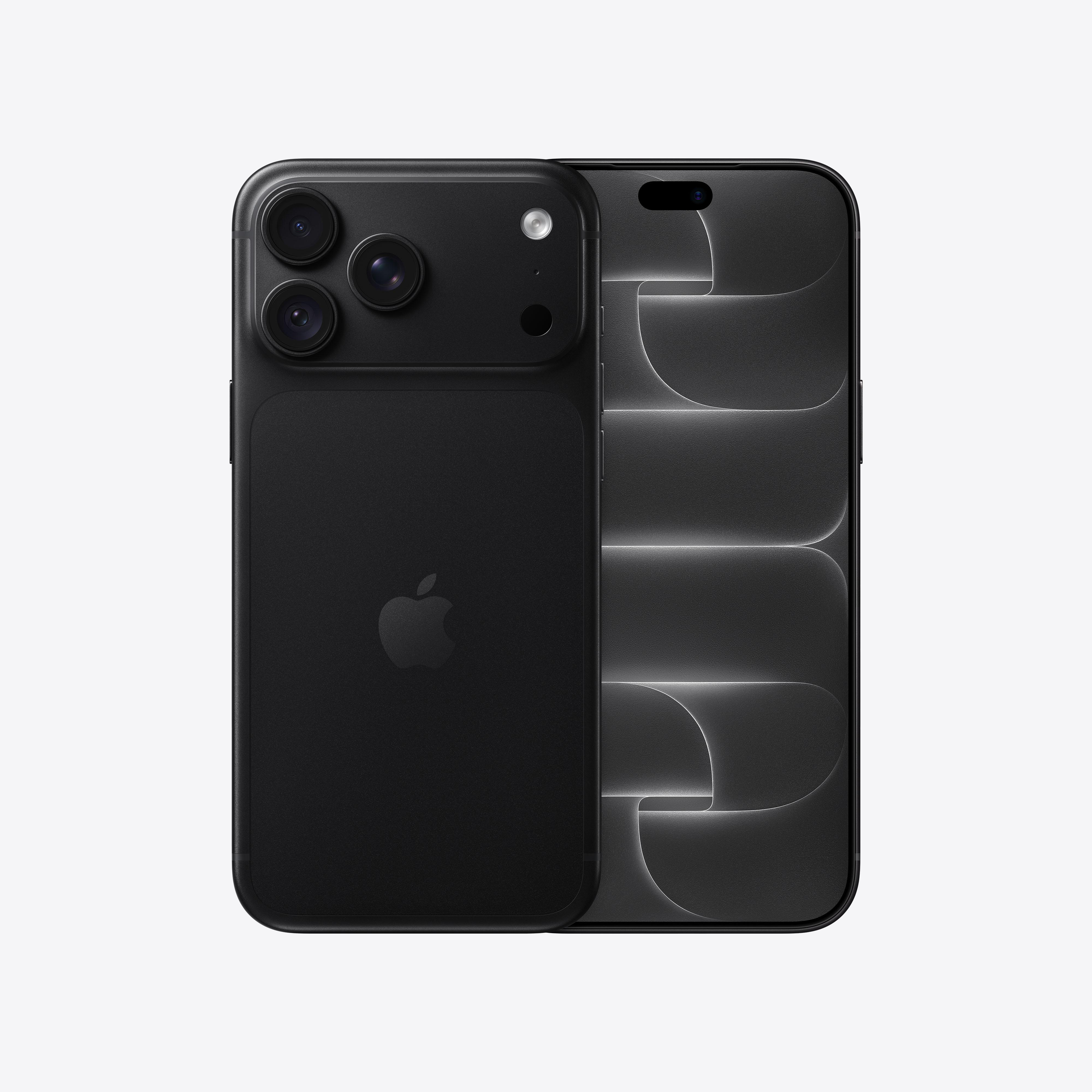 Zwei schwarze iPhones, eines zeigt die Rückseite mit Triple-Kamera und Apple-Logo, das andere die Vorderseite.