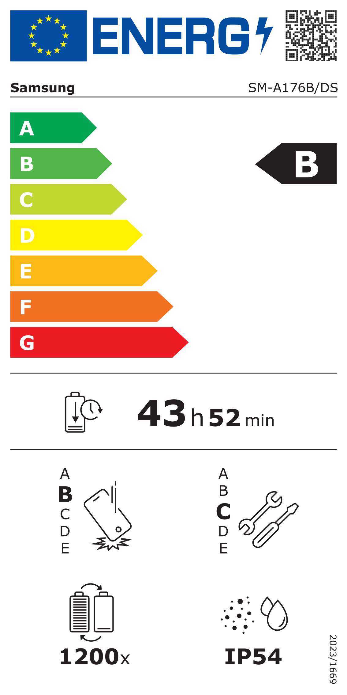 Energielabel für ein Samsung-Telefon. Zeigt Energieeffizienzklassen, Akkulaufzeit und andere technische Daten an.