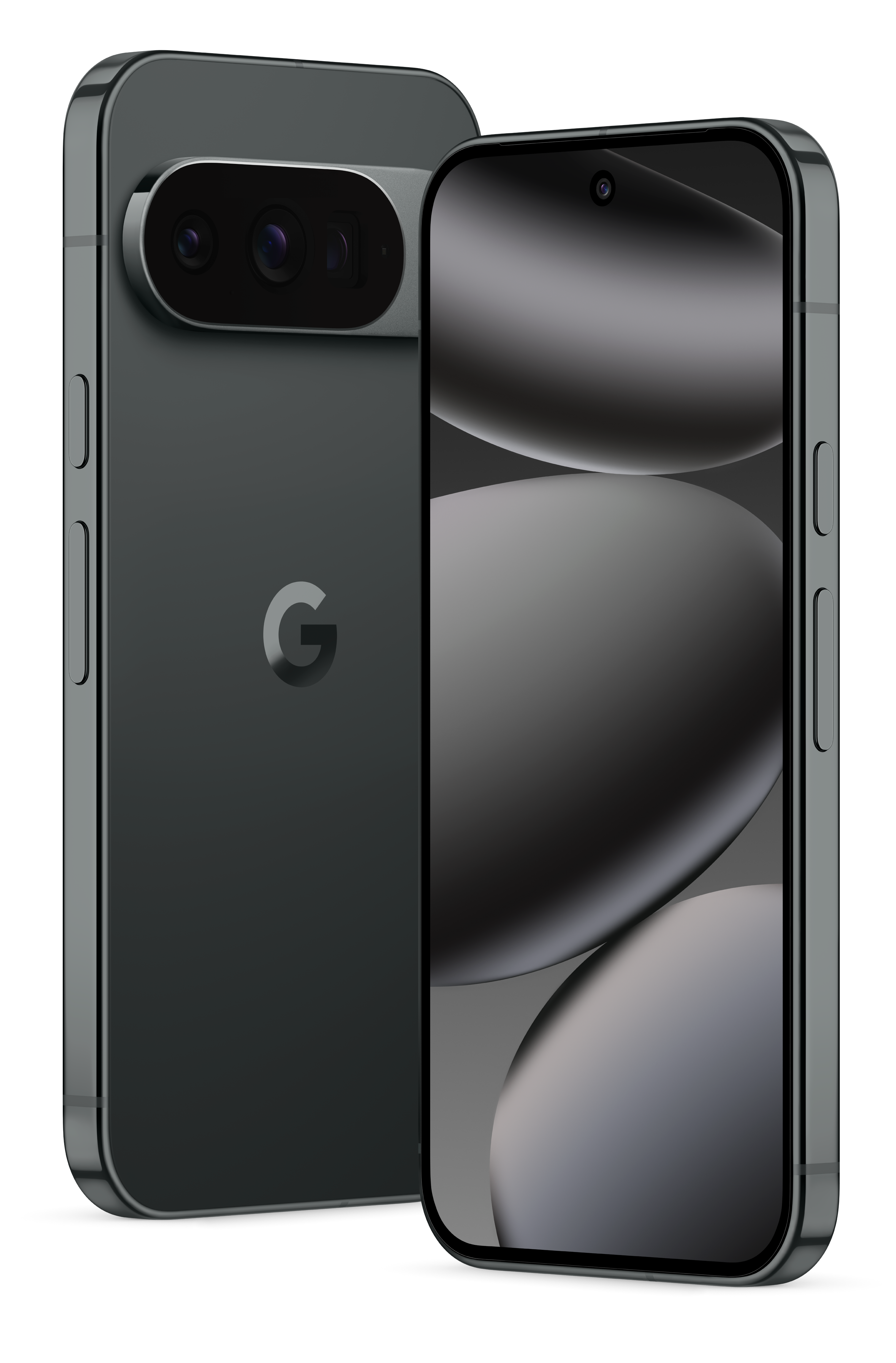 Zwei graue Smartphones auf schwarzem Hintergrund. Eines zeigt ein Bildschirm mit Wellenmuster; das andere hat Kamera und Google-Logo.