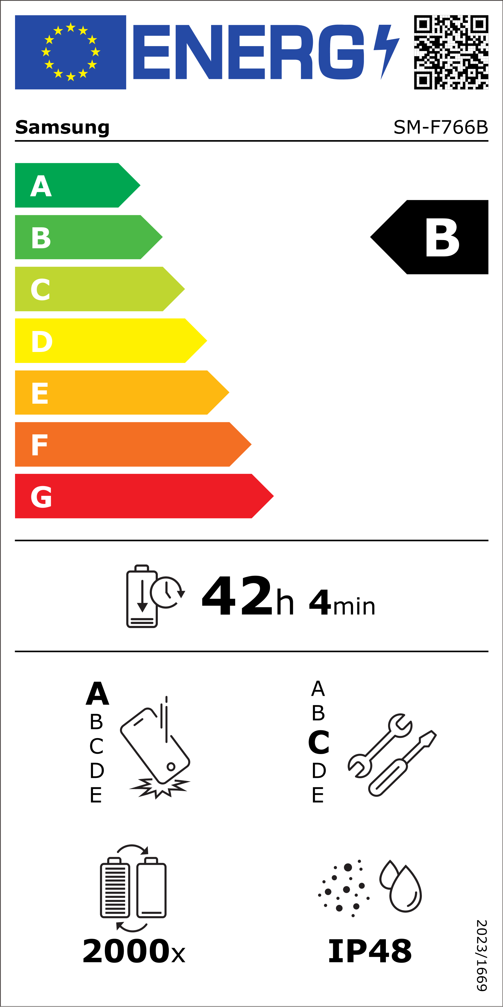 Energielabel für Samsung-Telefon. Zeigt Energieeffizienzklasse B, Akkulaufzeit 42h 4min und andere Symbole.