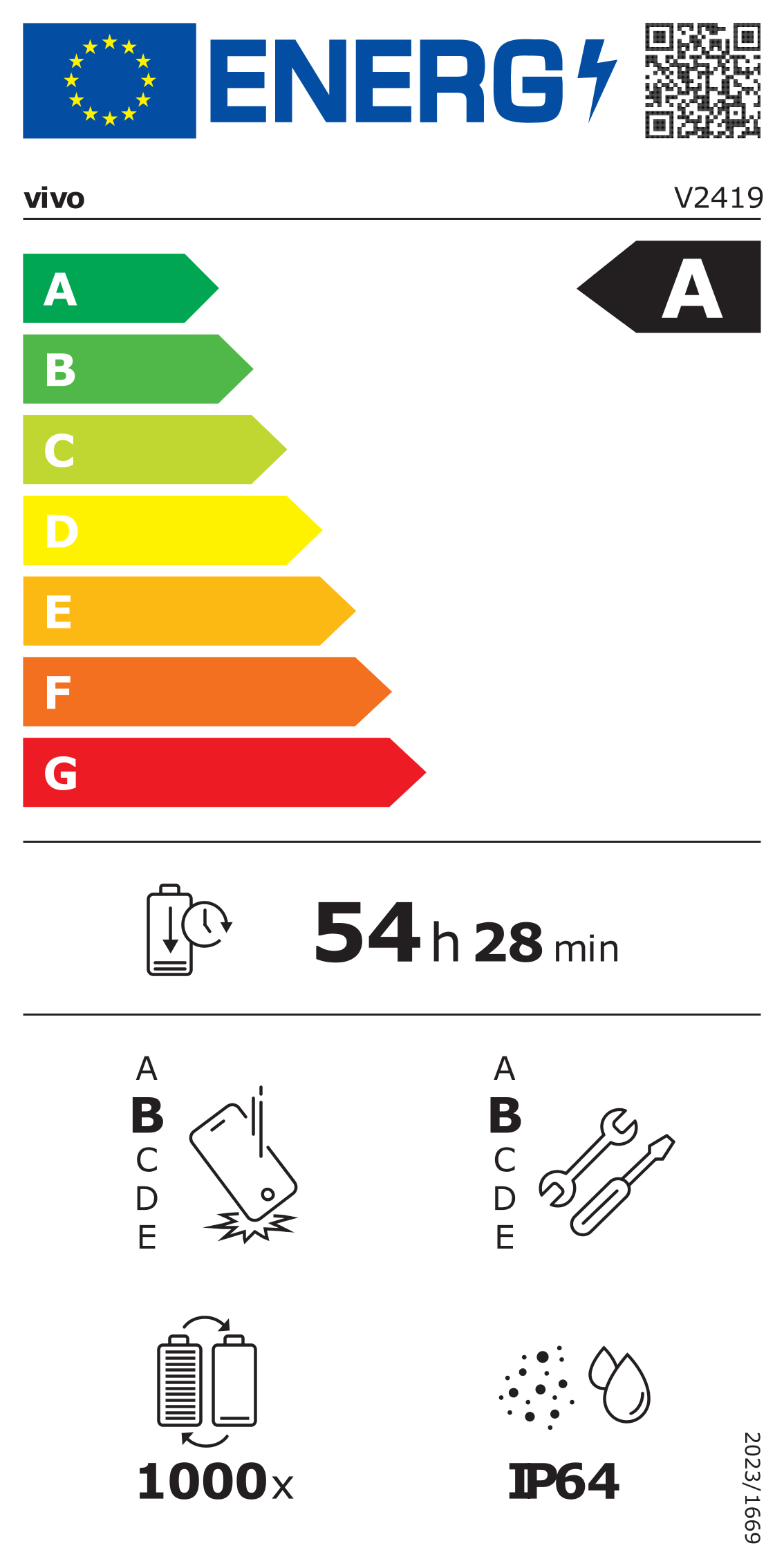 Energielabel mit Bewertung A. Zeigt eine Akkulaufzeit von 54h 28m. Enthält Symbole für Haltbarkeit, Batteriezzyklen und IP64-Bewertung.