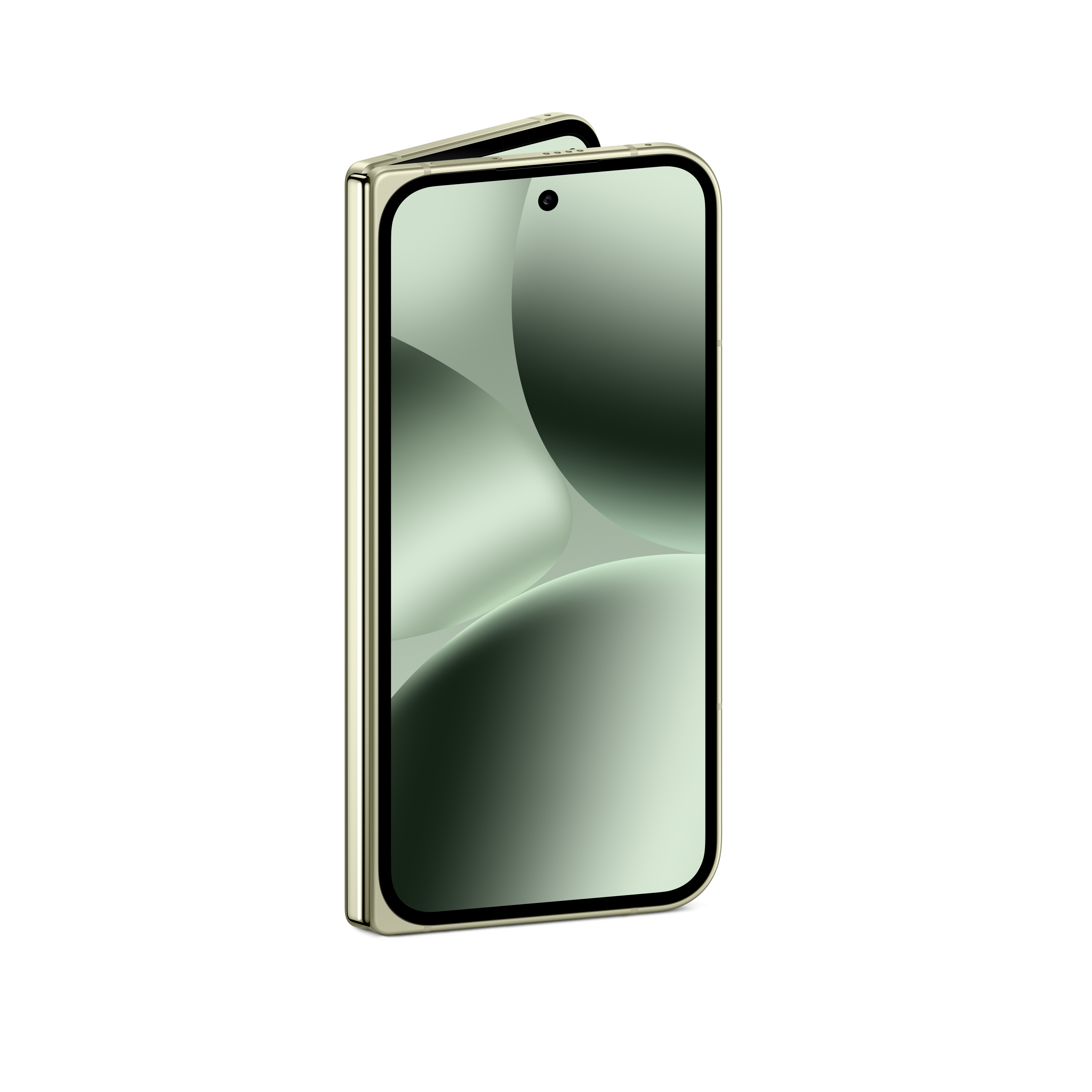 Faltbares Smartphone mit grünem Bildschirm, goldenem Rahmen und schwarzem Hintergrund.