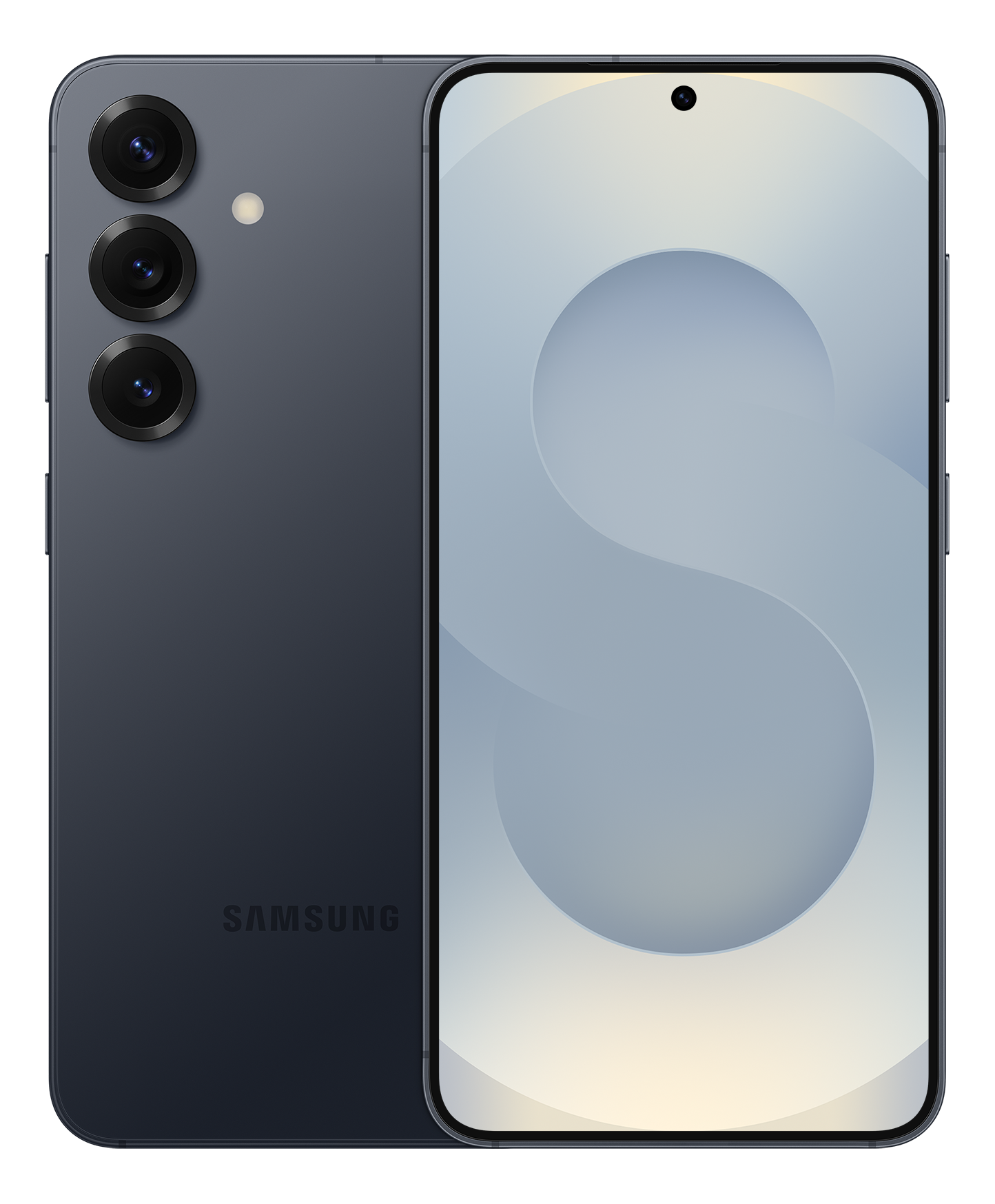 Dunkelblaues Samsung-Telefon mit drei Rückkameras und einem Bildschirm, der ein geschwungenes Design zeigt. Das Samsung-Logo ist sichtbar.