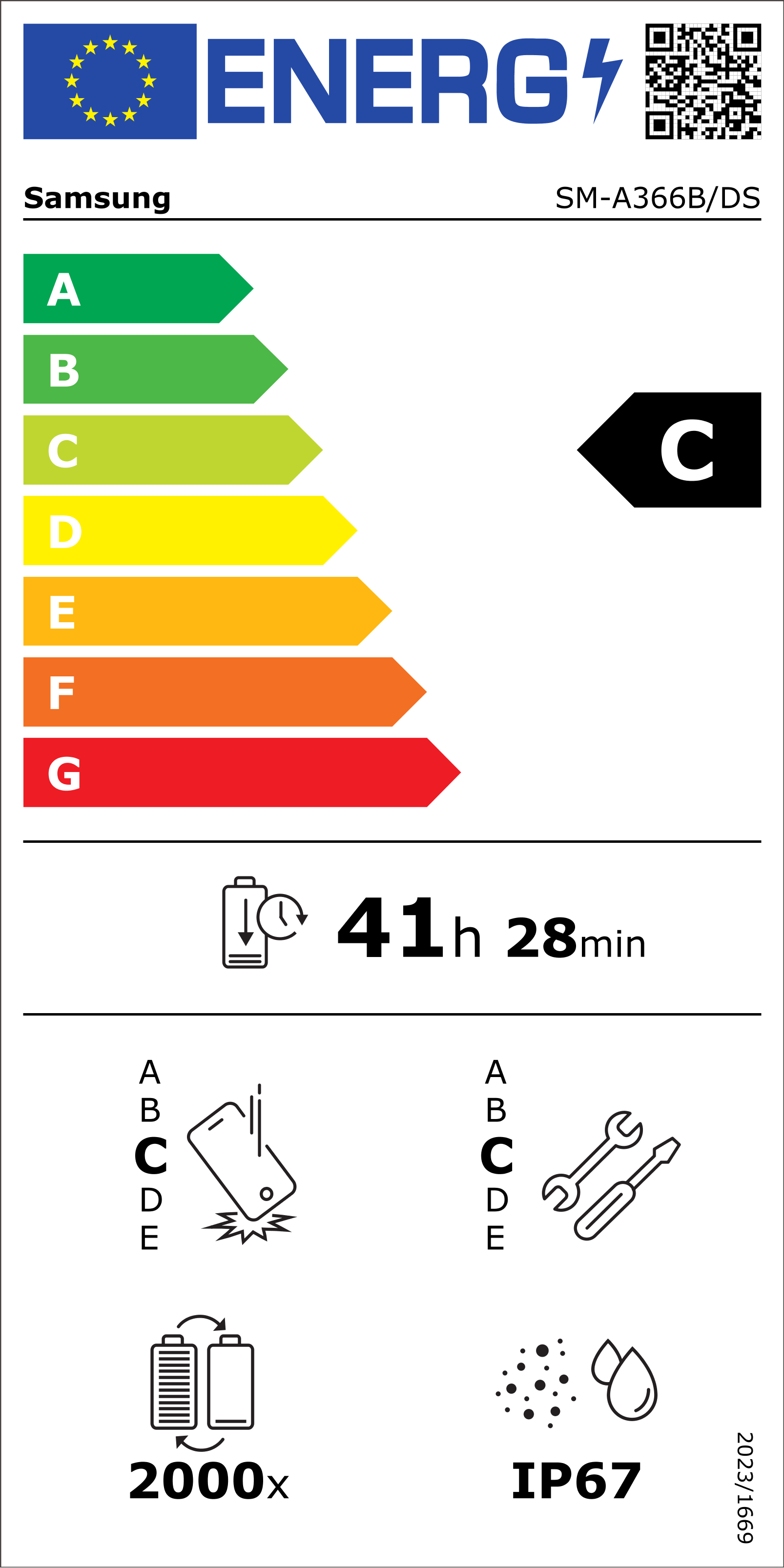 Energielabel für Samsung-Telefon. Zeigt Energieeffizienzklassen A-G, Akkulaufzeit 41h 28min und andere technische Symbole.
